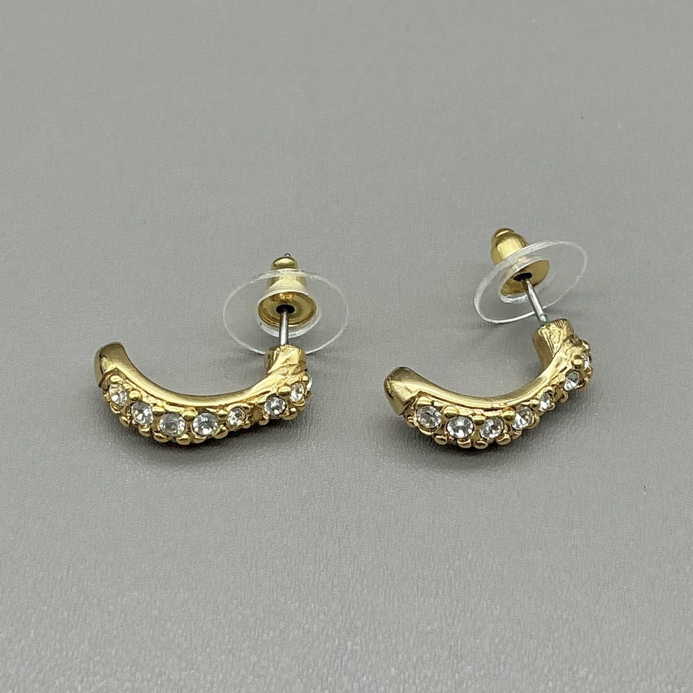 Swarovski Earrings Gold Tone Crystal Curved Half Hoop Stud Pierced Sparkle - Picture 6 of 9